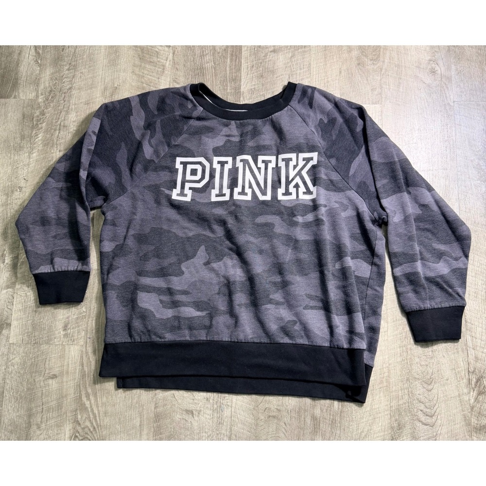 Victoria's Secret PINK Camo Crewneck Sweatshirt Grey Black Camouflage Logo M
